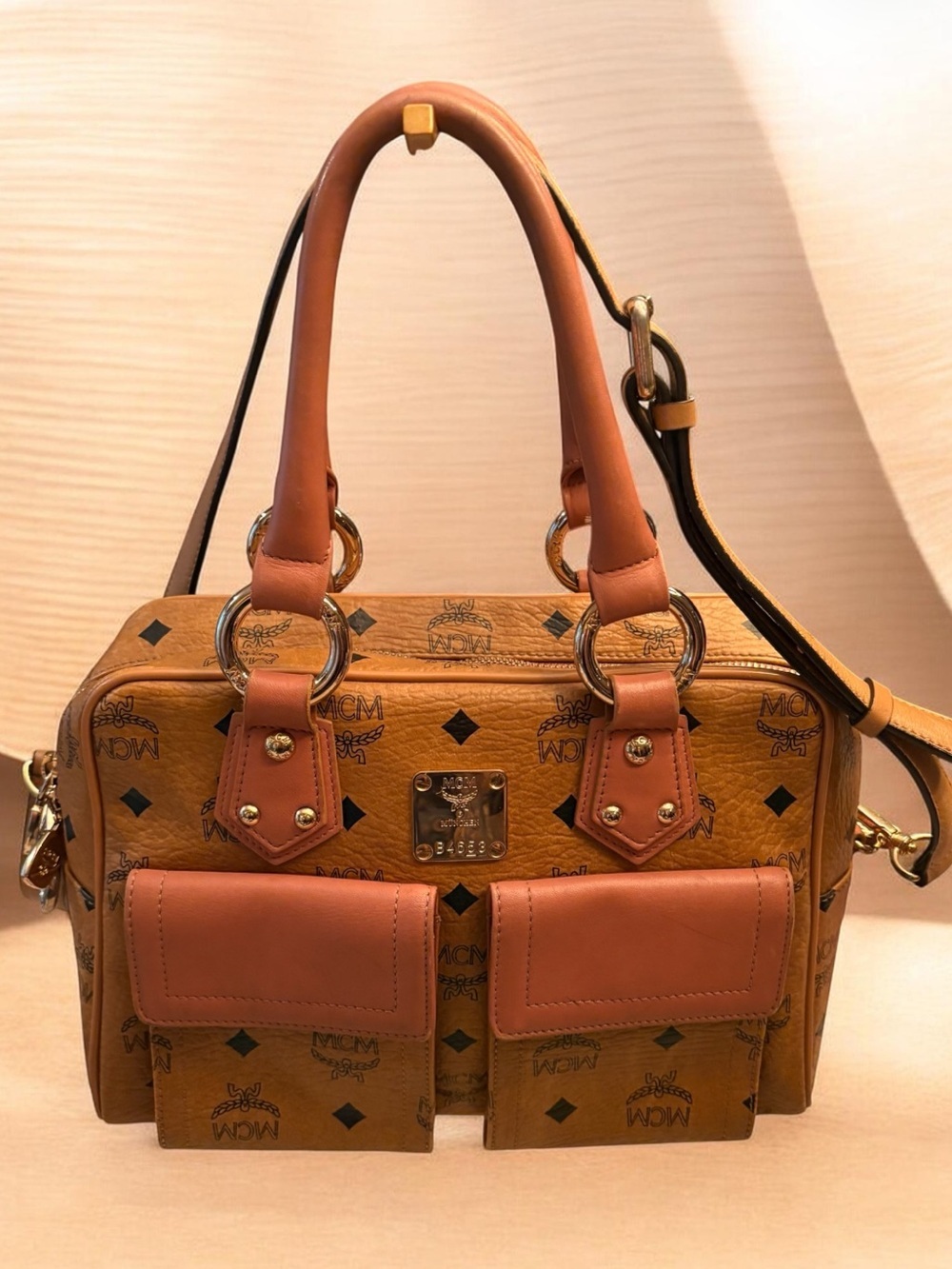 MCM Cognac Visetos this MCM Visetos Double Front Pocket Boston Bag